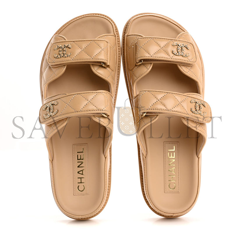 CHANEL LAMBSKIN QUILTED VELCRO DAD CHAIN CC SLIDE SANDALS BEIGE 